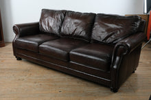 Load image into Gallery viewer, Bernhardt Brown Leather Three Cushion Sofa with Nailhead Trim
