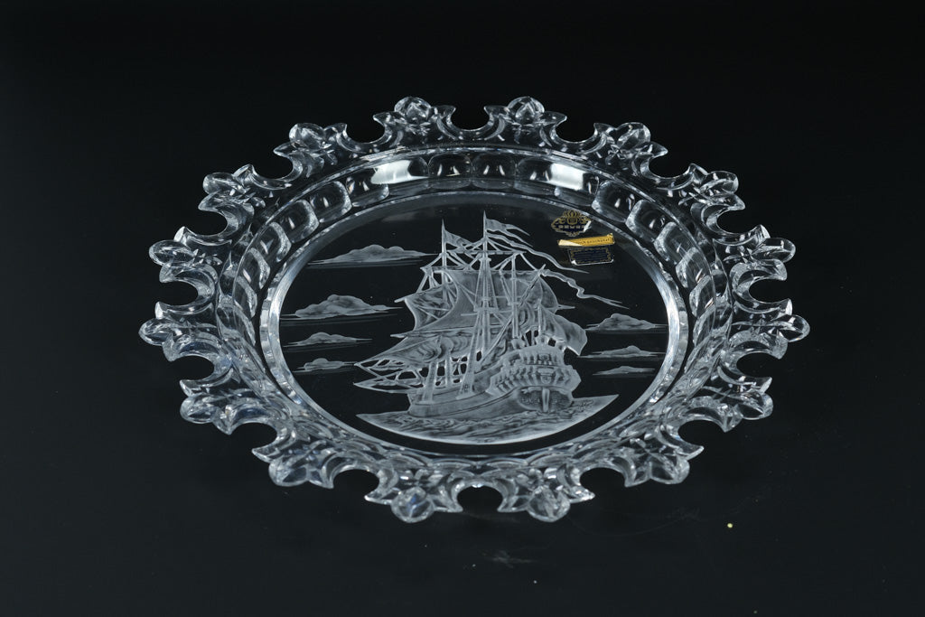 Beyer W Germany 24% Lead Crystal Plate – Etched Tall Ship – Scalloped Rim – With Original Box