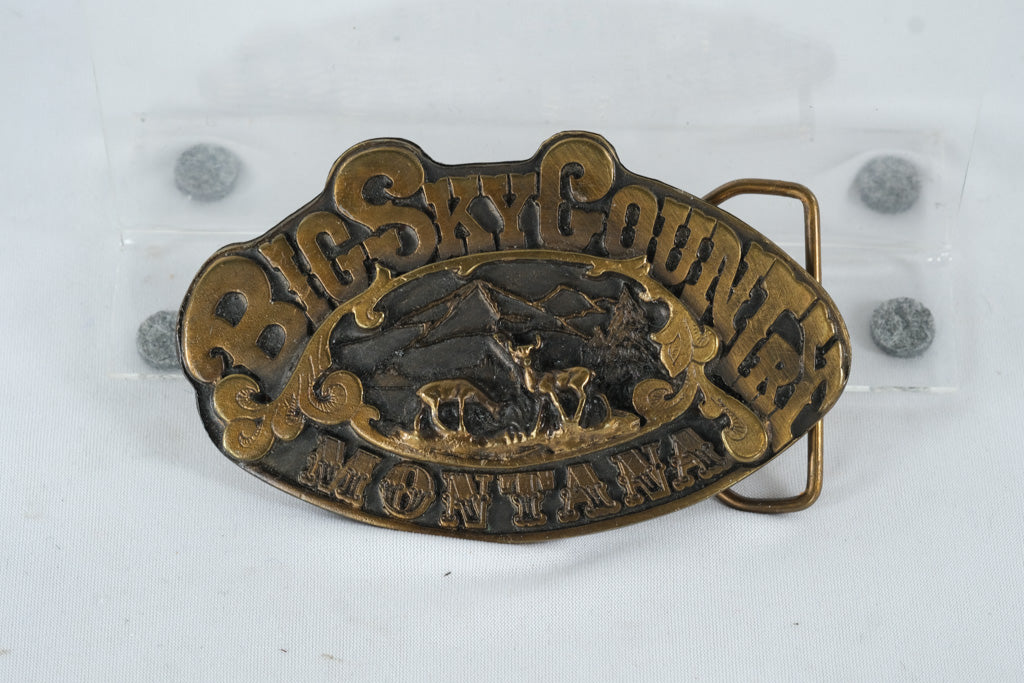 “Big Sky Country Montana” Brass Belt Buckle – Western Deer & Mountain Design