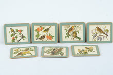 Load image into Gallery viewer, Vintage English Bird and Floral Coasters Set of 7 Green Felt Back Gold Trim
