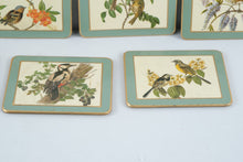 Load image into Gallery viewer, Vintage English Bird and Floral Coasters Set of 7 Green Felt Back Gold Trim
