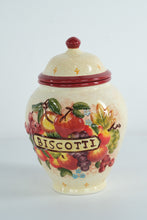 Load image into Gallery viewer, Hand-Painted “Nonni’s” Biscotti Jar – Fruit Motif Ceramic Canister
