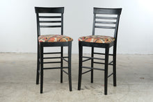 Load image into Gallery viewer, Pair Black Wood 30 Inch Bar Stools Upholstered Geometric Seats Ladder Backs
