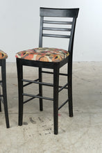 Load image into Gallery viewer, Pair Black Wood 30 Inch Bar Stools Upholstered Geometric Seats Ladder Backs
