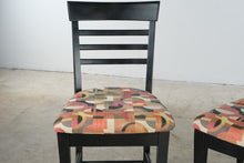 Load image into Gallery viewer, Pair Black Wood 30 Inch Bar Stools Upholstered Geometric Seats Ladder Backs

