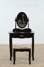 Load image into Gallery viewer, Black Cherry Finish Vanity Table with Mirror and Upholstered Bench
