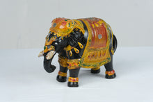 Load image into Gallery viewer, Hand Painted Indian Elephant Figurine Black Orange Yellow Ceremonial Decor 11 Inch
