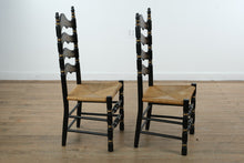 Load image into Gallery viewer, Pair of Black Hitchcock-Style Ladder-Back Chairs with Rush Seats
