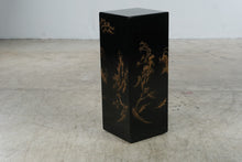 Load image into Gallery viewer, Vintage Asian Black Lacquer Pedestal Stand Gold Landscape Chinoiserie 30 Inch
