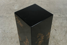 Load image into Gallery viewer, Vintage Asian Black Lacquer Pedestal Stand Gold Landscape Chinoiserie 30 Inch
