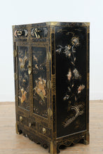 Load image into Gallery viewer, Chinese Black Lacquer Cabinet with Raised Figural Panels

