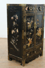 Load image into Gallery viewer, Chinese Black Lacquer Cabinet with Raised Figural Panels
