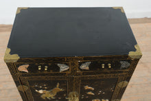 Load image into Gallery viewer, Chinese Black Lacquer Cabinet with Raised Figural Panels
