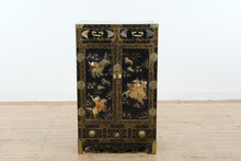 Load image into Gallery viewer, Chinese Black Lacquer Cabinet with Raised Figural Panels
