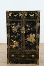 Load image into Gallery viewer, Chinese Black Lacquer Cabinet with Raised Figural Panels
