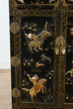 Load image into Gallery viewer, Chinese Black Lacquer Cabinet with Raised Figural Panels
