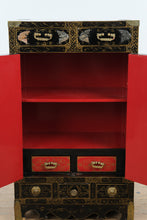 Load image into Gallery viewer, Chinese Black Lacquer Cabinet with Raised Figural Panels
