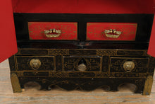 Load image into Gallery viewer, Chinese Black Lacquer Cabinet with Raised Figural Panels
