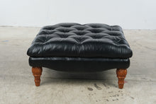Load image into Gallery viewer, Black Leather Tufted Oversized Ottoman with Carved Wood Legs

