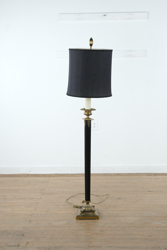 Brass & Black Column Floor Lamp with Drum Shade – Classic Mid-Century Elegance