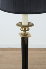 Load image into Gallery viewer, Brass &amp; Black Column Floor Lamp with Drum Shade – Classic Mid-Century Elegance
