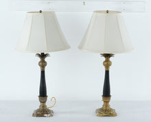 Load image into Gallery viewer, Pair of Pineapple Brass &amp; Black Table Lamps – 30&quot; Tall Classic Elegance with Pleated Shades
