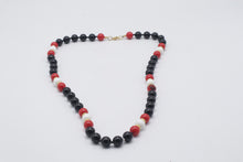 Load image into Gallery viewer, Black Red White Beaded Necklace Gold Tone Statement Jewelry
