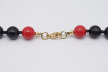 Load image into Gallery viewer, Black Red White Beaded Necklace Gold Tone Statement Jewelry
