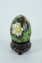 Load image into Gallery viewer, Chinese Cloisonné Enamel Egg with White Peony Blossoms &amp; Butterfly – Black Ground – 3" Decorative Egg w/ Stand
