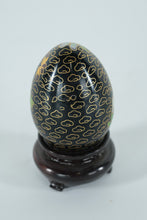 Load image into Gallery viewer, Chinese Cloisonné Enamel Egg with White Peony Blossoms &amp; Butterfly – Black Ground – 3" Decorative Egg w/ Stand
