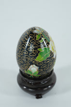 Load image into Gallery viewer, Chinese Cloisonné Enamel Egg with White Peony Blossoms &amp; Butterfly – Black Ground – 3" Decorative Egg w/ Stand
