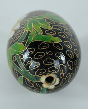 Load image into Gallery viewer, Chinese Cloisonné Enamel Egg with White Peony Blossoms &amp; Butterfly – Black Ground – 3" Decorative Egg w/ Stand
