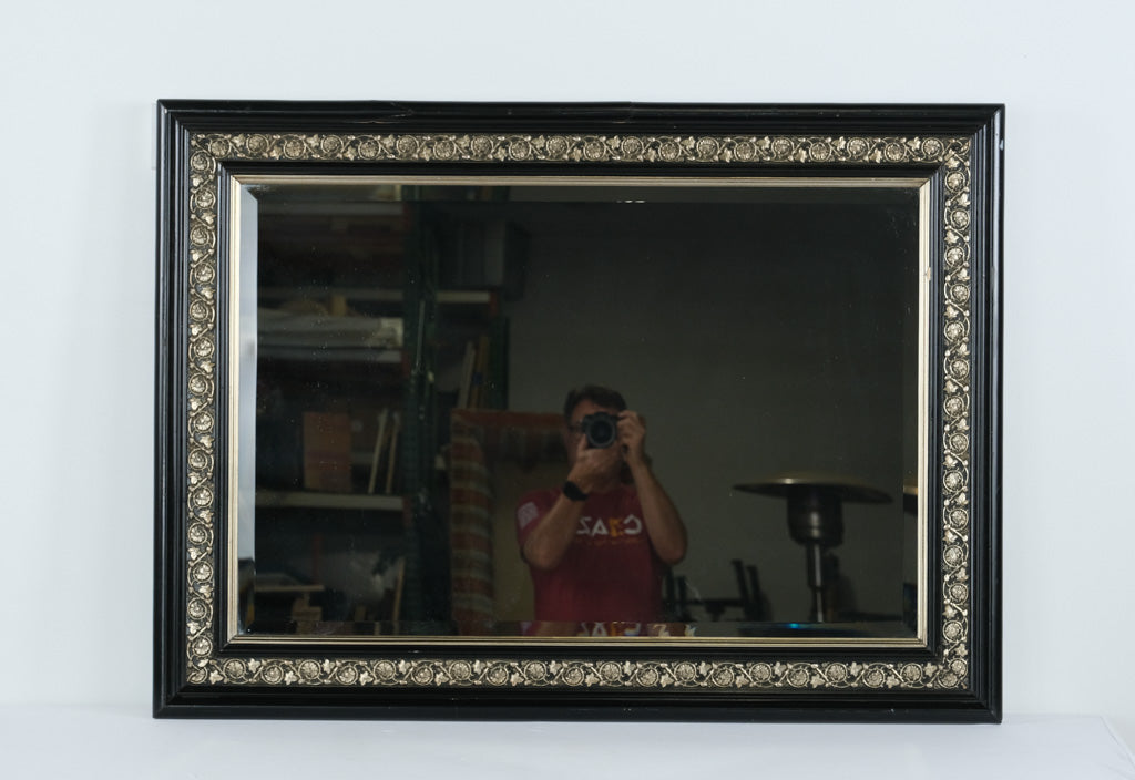 Black Rectangular Mirror with Pewter Floral Detail