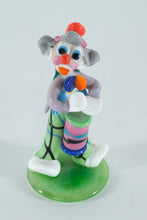 Load image into Gallery viewer, Hand-Blown Art Glass Clown Figurine with Colorful Drum – Vibrant Circus Miniature on Green Base
