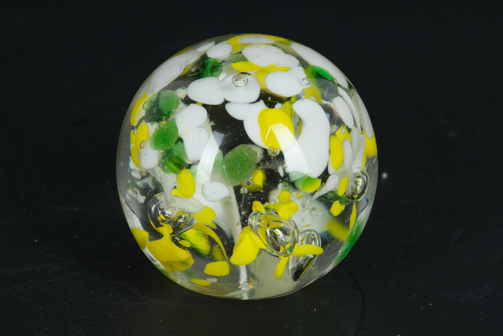 Hand-Blown Art Glass Sphere Paperweight – Yellow, White & Green Millefiori Style