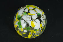 Load image into Gallery viewer, Hand-Blown Art Glass Sphere Paperweight – Yellow, White &amp; Green Millefiori Style
