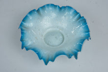 Load image into Gallery viewer, Blue Opalescent Glass Ruffled Bowl White Interior Silver Fleck 12 Inch
