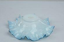 Load image into Gallery viewer, Blue Opalescent Glass Ruffled Bowl White Interior Silver Fleck 12 Inch
