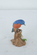 Load image into Gallery viewer, Vintage Bluebird Figurine on Tree Stump with Flowers – Hand Painted Porcelain Bird Statue 7”
