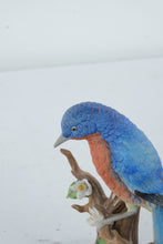 Load image into Gallery viewer, Vintage Bluebird Figurine on Tree Stump with Flowers – Hand Painted Porcelain Bird Statue 7”
