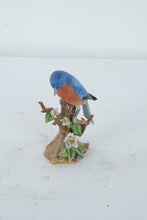 Load image into Gallery viewer, Vintage Bluebird Figurine on Tree Stump with Flowers – Hand Painted Porcelain Bird Statue 7”

