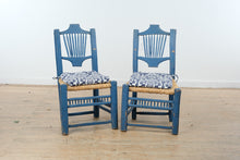 Load image into Gallery viewer, Pair Mexican Folk Art Blue Ladderback Chairs with Handwoven Rush Seats
