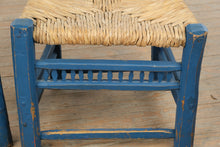 Load image into Gallery viewer, Pair Mexican Folk Art Blue Ladderback Chairs with Handwoven Rush Seats
