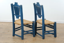 Load image into Gallery viewer, Pair Mexican Folk Art Blue Ladderback Chairs with Handwoven Rush Seats
