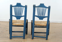 Load image into Gallery viewer, Pair Mexican Folk Art Blue Ladderback Chairs with Handwoven Rush Seats
