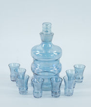 Load image into Gallery viewer, Mid-Century Modern Blue Glass Decanter &amp; 8 Shot Glasses Set – Iridescent Barware
