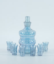 Load image into Gallery viewer, Mid-Century Modern Blue Glass Decanter &amp; 8 Shot Glasses Set – Iridescent Barware
