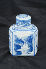 Load image into Gallery viewer, Blue &amp; White Porcelain Tea Caddy Jar with Lid Scenic Landscape Chinoiserie Decor 9"
