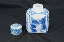 Load image into Gallery viewer, Blue &amp; White Porcelain Tea Caddy Jar with Lid Scenic Landscape Chinoiserie Decor 9"
