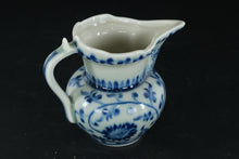 Load image into Gallery viewer, Blue &amp; White Porcelain Mini Pitcher – Floral Scroll Design, 4" Tall, Marked Base
